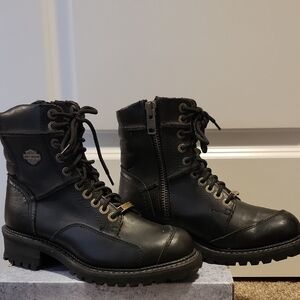 Harley-Davidson Black Lace-Up Leather Motorcycle Boots with Side Zipper